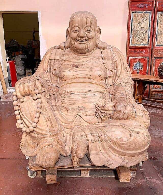 Statua Di Buddha budai cinese ridente camphor wood - Senza Confini